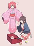  bangs black_hair blunt_bangs comb commentary_request dressing floral_print flying_sweatdrops green_eyes hair_ornament hanten_(clothes) highres japanese_clothes jewelry_box kasa_list kimono kurosawa_dia kurosawa_ruby long_hair love_live! love_live!_sunshine!! multiple_girls new_year obi open_mouth red_hair sash seiza siblings simple_background sisters sitting standing two_side_up wide_sleeves 