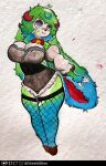 anthro big_breasts blush bovid breasts caprine clothed clothed_anthro clothed_female clothing female fluffy fluffy_ears fluffy_tail freckles fur green_body green_fur green_hair hair hi_res horizontal_pupils horn lagomorph leporid mammal pupils rabbit sheebi sheebibites sheep solo tail teal_body teal_eyes teal_fur teal_hair teal_skin thick_thighs traditional_media_(artwork) white_body white_skin