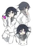  arms_behind_head black_hair checkered danganronpa double-breasted explosive finger_to_mouth grenade index_finger_raised looking_at_viewer multiple_views new_danganronpa_v3 ouma_kokichi purple_eyes saru scarf short_hair smile sparkling_eyes straitjacket strap 