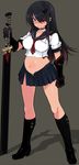  bare_legs black_hair boots breasts choker clenched_teeth commentary_request covered_nipples ear_piercing eyepatch full_body gauntlets gradient_hair groin hair_over_one_eye horn large_breasts long_hair looking_at_viewer midriff multicolored_hair navel null_(nyanpyoun) original piercing pregnant red_hair school_uniform serafuku sheath sheathed simple_background skirt solo suggestive_fluid sweatdrop sword teeth two-tone_hair weapon 