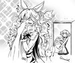  2girls animal_ears blanket_grab blush breasts closed_eyes clothes_sniffing doorway dress earrings erune farrah_(granblue_fantasy) female_pervert ferry_(granblue_fantasy) ghost gloves granblue_fantasy greyscale jewelry laundry laundry_basket long_hair monochrome multiple_girls o_o pervert short_hair single_earring sleeveless sleeveless_dress small_breasts smelling sound_effects surprised sweat sweatdrop twitter_username umeboshi_(lazy_lazy) wall wavy_hair 