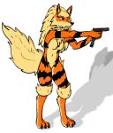 2022 3_toes anthro arcanine biped black_nose blue_eyes breasts featureless_breasts featureless_crotch feet female fur generation_1_pokemon glock gun hair handgun holding_object holding_weapon jekuben multicolored_body multicolored_fur navel nintendo one_eye_closed orange_body orange_fur pistol pointing_gun pokemon pokemon_(species) ranged_weapon simple_background solo standing tail tail_tuft tan_body tan_fur toes tuft weapon white_background