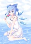  absurdres alternate_costume bare_shoulders blue_bow blue_eyes blue_hair blush bow cirno commentary dress food full_body hair_bow highres ice ice_wings looking_at_viewer nugi_(armenci) popsicle sitting solo strap_slip touhou wariza water watermelon_bar white_dress wings 