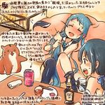  alcohol beer black_eyes black_gloves black_hair blue_hair blush commentary_request cup dated drunk elbow_gloves gloves hair_ribbon holding holding_cup kantai_collection kirisawa_juuzou long_hair multiple_girls non-human_admiral_(kantai_collection) ribbon samidare_(kantai_collection) suzukaze_(kantai_collection) sweat thighhighs traditional_media translation_request twitter_username very_long_hair 