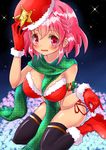  absurdres bikini blush braid breasts christmas cleavage commentary_request fur_trim genderswap genderswap_(mtf) gloves hair_ornament hat highres large_breasts leona_west looking_at_viewer mole mole_under_eye newhalf open_mouth pink_eyes pink_hair pretty_(series) pripara santa_hat scarf short_hair solo soraryu_saworu star star_hair_ornament swimsuit thighhighs 