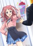  1boy 1girl absurdres black_overskirt blue_eyes blue_overskirt blue_ribbon brown_hair cropped_jacket formal_clothes gakuen_idolmaster hanami_saki hatsuboshi_gakuen_school_uniform highres idolmaster jacket long_hair long_sleeves neck_ribbon open_mouth p-head_producer pink_jacket producer_(idolmaster) ribbon school_uniform shirt smile solo_focus suit super_stamina_drink_(gakuen_idolmaster) takatsuki_p twitter_username two_side_up white_shirt 
