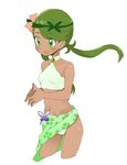  ass_visible_through_thighs blush breasts butterfly_ornament choker commentary_request cowboy_shot dark_skin fingers_together flower green_eyes green_hair hair_flower hair_ornament halterneck headband long_hair mao_(pokemon) midriff navel ookamiuo pokemon pokemon_(game) pokemon_sm ponytail sarong small_breasts smile solo swimsuit 