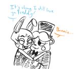  2015 animatronic anthro bear bow_tie buckteeth dialogue duo english_text eyes_closed five_nights_at_freddy&#039;s five_nights_at_freddy&#039;s_2 hat hug inkyfrog lagomorph machine male mammal nuzzling open_mouth open_smile rabbit restricted_palette robot simple_background smile teeth text top_hat toy_bonnie_(fnaf) toy_freddy_(fnaf) video_games white_background 