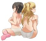  akagi_miria ass back bangs blonde_hair closed_mouth commentary eyebrows_visible_through_hair from_behind grey_panties hair_intakes hair_ribbon idolmaster idolmaster_cinderella_girls jougasaki_rika kneeling knees_up long_hair looking_at_viewer multiple_girls panties parted_lips pink_legwear profile red_ribbon ribbon shift_(waage) short_hair shoulder_blades simple_background sitting smile soles thighs topless two_side_up underwear underwear_only wariza white_background white_panties 