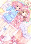  :&lt; :d ;o absurdres animal_ears animal_hood animal_slippers bangs bed_sheet blonde_hair blue_bow blush boots bow breasts bunny_hood bunny_slippers cat_hood cat_tail checkered checkered_bow dress eyebrows_visible_through_hair frilled_pillow frilled_shorts frills from_above hair_between_eyes hair_bow hand_on_own_stomach hand_up highres hood hood_down hood_up hoodie large_breasts looking_at_viewer loungewear lying medium_breasts multiple_girls natsume_asato on_back one_eye_closed open_mouth original parted_lips pillow pink_hair pom_pom_(clothes) puffy_shorts purple_eyes red_bow rubbing_eyes shorts smile stuffed_animal stuffed_cat stuffed_toy sweater sweater_dress tail tail_bow yellow_eyes 