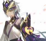  akira_hou blue_eyes closed_mouth fate/grand_order fate_(series) gao_changgong_(fate) grey_background grey_hair horned_headwear horns looking_at_viewer magatama male_focus mask petals purple_eyes rope solo upper_body watermark web_address white_hair wide_sleeves 