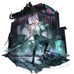  1boy artist_request biohazard_symbol black_boots blood blood_on_clothes boots faux_figurine game_cg girls&#039;_frontline girls&#039;_frontline_neural_cloud grey_pants grin highres holding holding_detached_head holding_sword holding_weapon lace-up_boots male_focus mechanical_arms muscular muscular_male official_art pants pink_hair ponytail red_eyes salmon_(neural_cloud) single_mechanical_arm smile solo sword teeth third-party_source transparent_background weapon 