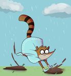  2016 babynarwhal boots cartoon_network clothing cloud footwear male mammal mud raccoon raincoat raining regular_show rigby_(regular_show) solo 