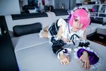  1girl copyright_request cosplay dress headdress lana_rain maid photo pink_eyes pink_hair ram_(re:zero) short_hair 