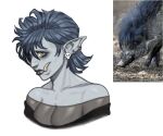 2025 ambiguous_feral ambiguous_gender bingoblin black_clothing black_lips black_shirt black_topwear blue_hair breasts bust_portrait cleavage closed_frown clothed clothed_female clothed_humanoid clothing colored digital_drawing_(artwork) digital_media_(artwork) dirt duo ear_piercing ear_ring english_description female female_humanoid feral frown grey_body grey_skin hair hair_over_eye hi_res humanoid humanoid_pointy_ears light lighting lips mammal medium_hair mouth_closed orc photo_reference piercing pointy_ears portrait ring_piercing shaded shirt simple_background skull_ear_piercing solo_focus suid suine sus_(pig) topwear tusks visayan_warty_pig yellow_eyes