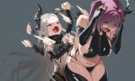  2girls above_cleavage_cutout afterimage black_gloves black_horns black_liquid black_nails black_panties black_thighhighs breasts crop_top elbow_gloves fang fangs fingerless_gloves gloves goddess_of_victory:_nikke grey_background grey_hair hashtag-only_commentary heretics_(nikke) highres hitting horns large_breasts leviathan_(nikke) liquid_clothes long_hair multiple_girls open_mouth panties pointy_ears pubic_tattoo purple_hair short_hair side_ponytail sideboob simple_background single_horn small_breasts tattoo tears thighhighs underwear very_long_hair wge ziz_(nikke) 