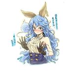  animal_ears armpits bare_shoulders black_gloves blue_hair blue_skirt blush breasts brown_eyes buttons clothes_grab collarbone d: dress earrings embarrassed erune eyebrows_visible_through_hair ferry_(granblue_fantasy) ghost gloves granblue_fantasy hands high-waist_skirt hoop_earrings jewelry long_hair looking_at_viewer no_bra open_mouth palms sideboob simple_background single_earring skirt sleeveless small_breasts solo_focus sweatdrop text_focus translated twitter_username umeboshi_(lazy_lazy) upper_body white_background 