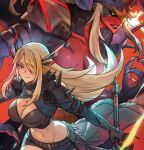  1girl amanda_lapalme armor black_gloves blonde_hair breasts cleavage cleavage_cutout clothing_cutout cosplay crop_top cynthia_(pokemon) darkchylde demon elbow_spikes garchomp gloves holding holding_sword holding_weapon huge_weapon large_breasts long_hair looking_at_viewer magik_(x-men) marvel marvel_rivals midriff navel pokemon short_shorts shorts spiked_pauldrons sword weapon x-men 