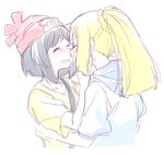  beanie black_hair blonde_hair blush closed_eyes face-to-face hand_on_another's_cheek hand_on_another's_face happy_tears hat hood hug imminent_kiss lillie_(pokemon) long_hair mizuki_(pokemon) multiple_girls pokemon pokemon_(game) pokemon_sm re_ghotion red_hat shirt short_hair sketch smile tears upper_body yellow_shirt yuri 