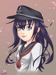  akatsuki_(kantai_collection) anchor_symbol commentary flat_cap hair_between_eyes hat jay156 kantai_collection long_hair neckerchief petals purple_eyes purple_hair school_uniform serafuku upper_body 