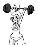  2015 animatronic anthro armpits avian bib bird black_and_white chicken dumbbell english_text exercise female five_nights_at_freddy&#039;s five_nights_at_freddy&#039;s_2 inkyfrog machine monochrome robot simple_background solo text toy_chica_(fnaf) video_games weightlifting weights white_background workout 