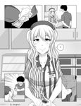  1girl ? bag beret blush commentary disneyland emphasis_lines employee_uniform english_commentary greyscale hat highres holding kantai_collection kashima_(kantai_collection) lawson monochrome name_tag open_mouth plastic_bag robba-san_(wangphing) smile spoken_question_mark sweatdrop ticket twitter_username uniform wangphing wavy_hair 