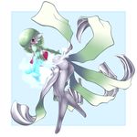  1girl ass dress full_body gardevoir green_hair hair_over_one_eye highres hips impossible_clothes krakenparty legs looking_back no_humans open_mouth pokemon pokemon_(creature) pokemon_(game) red_eyes solo thighs wind_lift 