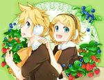  1girl asymmetry_(module) blonde_hair blue_eyes blueberry bow dress earmuffs food fruit fur_trim green_background gyorui_(toura_minato) hair_ornament hairclip hands_on_another's_shoulders headset kagamine_len kagamine_rin leaning_forward leaning_on_person looking_at_viewer nail_polish profile project_diva_(series) short_hair short_ponytail strawberry vocaloid yellow_nails 