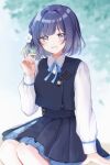  1girl absurdres blue_overskirt blue_ribbon blue_skirt blue_vest blurry blurry_background blush commentary_request feet_out_of_frame gakuen_idolmaster hair_flaps hataya_misuzu hatsuboshi_gakuen_school_uniform highres holding holding_leaf idolmaster leaf long_sleeves looking_at_viewer mole mole_under_mouth neck_ribbon purple_eyes purple_hair ribbon school_uniform shirako_(srk_srtk) shirt short_hair sitting skirt skirt_set smile solo vest watermark white_shirt 