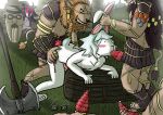 anthro blood bodily_fluids bunbijou dark_souls felid forced fromsoftware group hi_res lagomorph leporid lion male male/male mammal pantherine questionable_consent rabbit ration trio