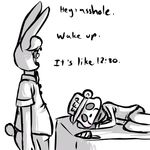  2015 animatronic anthro black_and_white clothing dialogue duo english_text exposed_endoskeleton five_nights_at_freddy&#039;s hat human inkyfrog lagomorph lying machine male mammal mask monochrome on_side rabbit robot security_guard simple_background sleeping text uniform video_games white_background withered_bonnie_(fnaf) 
