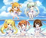  5girls :d ahoge bare_shoulders blonde_hair blue_eyes blue_flower blue_sky blush braid brown_hair chibi closed_mouth cloud cloudy_sky commentary_request day dress einhard_stratos fate_testarossa flower fujima_takuya green_eyes green_hair heterochromia holding holding_flower horizon lyrical_nanoha mahou_shoujo_lyrical_nanoha merchandise_available mini_person minigirl multiple_girls ocean official_art orange_flower outdoors parted_lips pink_flower purple_eyes purple_flower railing red_eyes red_flower sandals shoes single_thighhigh sky sleeveless sleeveless_dress smile takamachi_nanoha thighhighs twintails twitter_username vivio water white_dress white_sandals white_shoes white_thighhighs yagami_hayate 