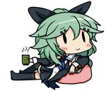  90mm_single_high-angle_gun_mount :&gt; bamomon black_legwear black_ribbon blue_neckwear chibi commentary_request cup detached_sleeves fairy_(kantai_collection) green_hair hair_between_eyes hair_ornament hair_ribbon hairclip holding holding_cup kantai_collection long_hair lowres neckerchief ponytail ribbon school_uniform serafuku skirt solid_oval_eyes solo thighhighs yamakaze_(kantai_collection) 