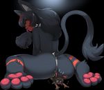  2017 ambiguous_gender black_background black_fur black_hair butt claws clothed clothing duo feline female fur hair lagomorph larger_female licking litten long_hair mammal nintendo nude pawpads pink_pawpads pok&eacute;mon rabbit raised_tail red_eyes red_fur simple_background sitting size_difference smaller_ambiguous sweat tongue tongue_out topless underwear video_games yellow_sclera zowazowa 