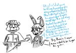  2015 animatronic anthro bow_tie buckteeth clothing dialogue duo english_text five_nights_at_freddy&#039;s five_nights_at_freddy&#039;s_2 guitar hat human inkyfrog lagomorph machine male mammal mask musical_instrument rabbit restricted_palette robot security_guard simple_background teeth text toy_bonnie_(fnaf) uniform video_games white_background 