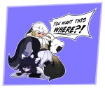 absurd_res ass_up black_hair duo ear_piercing ear_tag ears_down ears_up female fluffy fluffy_chest fur gradient_fur hair hi_res holding_object male male/female markings outline piercing pivoted_ears plushie-like shaded smug smug_face speech_bubble spots spotted_body spotted_fur stitch_(sewing) stuffing tan_body tan_fur toasterstein_(artist) white_body white_hair white_outline worried