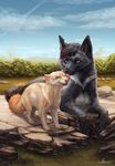  baphometall black_fur black_lips blue_eyes canine day detailed_background digital_media_(artwork) dog duo feral fur grass mammal open_mouth outside paws rock sky smile teeth tongue 