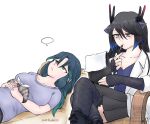  2girls black_boots black_dragon black_dragon_(kemono_friends) black_gloves black_hair black_skirt black_thighhighs blue_hair blue_shirt boots clipboard coat collarbone couch crossed_legs dragon_ears dragon_girl dragon_horns dragon_tail elbow_gloves fingerless_gloves fishnet_gloves fishnet_thighhighs fishnets frilled_thighhighs frills gloves gradient_hair green_eyes green_hair grey_eyes hair_between_eyes horns kako_(kemono_friends) kemono_friends kemono_friends_3 lab_coat long_hair lying multicolored_hair multiple_girls on_back open_clothes open_coat pen pleated_skirt purple_shirt saja_(166j357) shirt short_sleeves sidelocks sitting skirt t-shirt tail therapy thighhighs white_coat zettai_ryouiki 