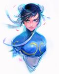  bangs black_hair blue_dress breasts bun_cover china_dress chinese_clothes chun-li double_bun dress earrings eyelashes eyeliner jewelry lips makeup medium_breasts petals puffy_short_sleeves puffy_sleeves ross_tran sash short_sleeves solo street_fighter swept_bangs upper_body white_background work_in_progress 
