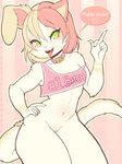  ! &lt;3 2016 anthro blonde_hair cabbit cat claws clothing collar fangs feline female fur green_eyes hair hybrid lagomorph lips long_hair looking_at_viewer mammal multicolored_hair navel pink_fur pink_hair pink_nose rabbit redrabbu shirt smile solo teeth thick_thighs tongue tongue_out two_tone_hair white_fur wide_hips 
