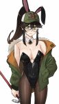  1girl absurdres animal_ears armpit_crease ass_visible_through_thighs bare_shoulders baseball_cap blush breasts brown_hair cleavage coat covered_navel cowboy_shot crowbar detached_collar expressionless fake_animal_ears fur-trimmed_coat fur_trim glasses green_coat green_eyes hair_between_eyes hand_in_pocket hat high_ponytail highres holding holding_crowbar indie_virtual_youtuber kamper_(kara_wilderwood) kara_wilderwood large_breasts linea_alba looking_at_viewer off_shoulder playboy_bunny ponytail rabbit_ears reze_(rewindze) simple_background solo virtual_youtuber white_background 