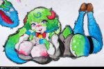anthro bell big_breasts blush bovid bow_tie breasts caprine clothed clothing female fluffy fluffy_ear fluffy_tail freckles fur green_body green_fur green_hair hair hi_res horizontal_pupils horn lagomorph leporid mammal pupils rabbit sheebi sheebibites sheep solo tail teal_body teal_eyes teal_fur teal_hair teal_skin thick_thighs traditional_media_(artwork) white_body white_skin