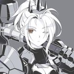  armor artist_name atobesakunolove breasts brown_eyes cleavage cleavage_cutout closed_mouth crown eyebrows_visible_through_hair eyelashes eyes_visible_through_hair full_armor gauntlets genderswap genderswap_(mtf) grey_background holding holding_weapon medium_breasts monochrome one_eye_closed over_shoulder overwatch pauldrons plate_armor ponytail portrait reinhardt_(overwatch) scar scar_across_eye short_hair sidelocks simple_background solo spot_color turtleneck upper_body warhammer weapon weapon_over_shoulder 