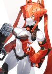  1girl animal_ears black_panties breasts cleavage colored_skin commission cowboy_shot hakidashi_11 holding holding_weapon long_hair orange_eyes orange_hair panties phantasy_star phantasy_star_online_2 revealing_clothes simple_background skeb_commission solo twintails underwear weapon white_background white_skin 