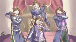  1boy absurdres animal_ears audio_jack blazeking-01 blue_jacket brown_fur dancing dated derivative_work dog_boy dog_ears dog_nose dog_tail english_commentary fangs fingerless_gloves fire_emblem fire_emblem_fates fire_emblem_heroes furry furry_male gloves highres holding holding_polearm holding_weapon jacket looking_at_viewer looking_to_the_side male_focus multiple_views music open_mouth polearm rouon_aro signature singing tail utau weapon 