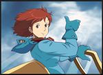  black_border blue_gloves blue_sky border breasts brown_eyes brown_hair day earrings gloves jewelry kaze_no_tani_no_nausicaa light_rays looking_at_viewer medium_breasts nausicaa short_hair sky solo sunbeam sunlight thumbs_up yume_robo 