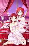  bare_shoulders barefoot blush breasts candle cleavage dress flower hair_flower hair_ornament highres holding_hands interlocked_fingers lamp light_smile long_hair looking_at_viewer love_live! love_live!_school_idol_project love_live!_sunshine!! medium_breasts multiple_girls nishikino_maki on_bed on_floor purple_eyes red_hair sakurauchi_riko short_hair sitting tucana white_dress window yellow_eyes yokozuwari 