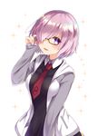  adjusting_eyewear black-framed_eyewear blush breasts commentary_request fate/grand_order fate_(series) glasses gomano_rio hair_over_one_eye highres jacket long_sleeves looking_at_viewer mash_kyrielight medium_breasts necktie open_mouth pink_hair pocket purple_eyes red_neckwear short_hair sleeves_past_wrists solo sparkle upper_body wing_collar 