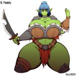  big_breasts breasts cleavage clothed clothing huge_breasts humanoid knife loincloth not_furry orc superix thick_thighs wide_hips 