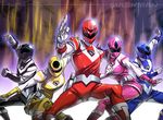  2girls 3boys artist_name black_mask blue_mask bodysuit breasts clenched_hands copyright_name fighting_stance helmet hikari_sentai_maskman kevintut medium_breasts multiple_boys multiple_girls open_hands palms pink_mask red_mask signature super_sentai yellow_mask 